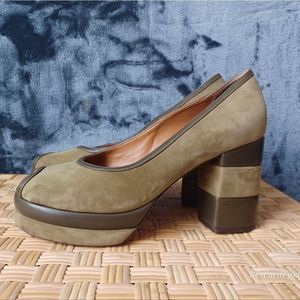 Tory Burch  Green 70s Peep Toe Leather & Suede Platform Pumps 9.5 M